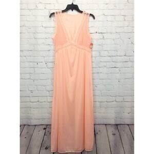 Vtg Figurfit Long Nightgown Women's Sz M Peach Sheer Accordion Pleats Lace Flowy